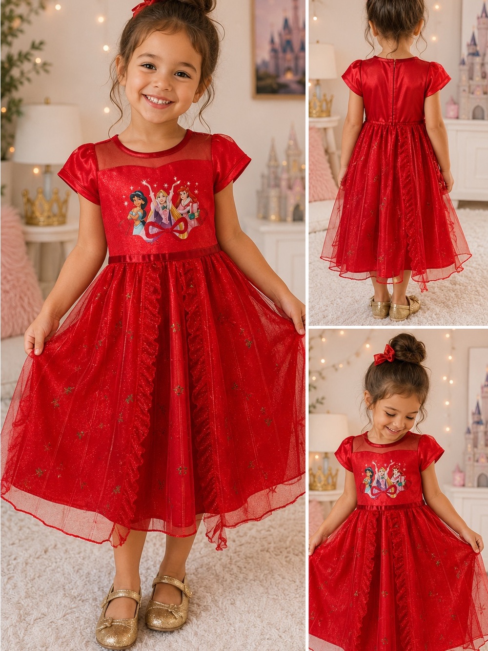 Disney Red Girls' Princess Holiday Dress Top with Multi-Color Character Print